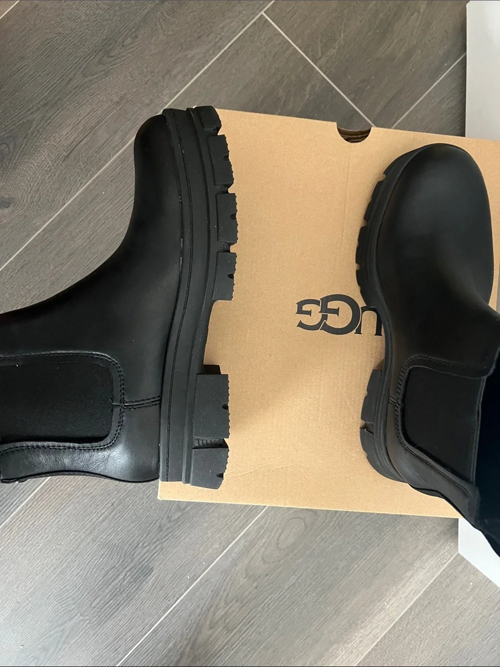 UGG Black Leather Chelsea Lug Boot - Slip-On Ankle Boot - Picture 4 of 5